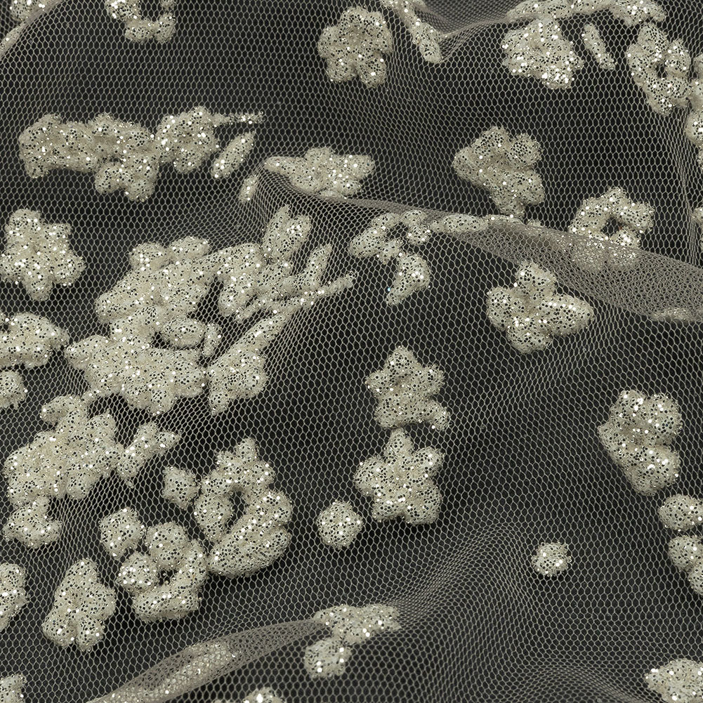 3D Puffy Glitter Tulle - Champagne and White Floral 3D Puffy Glitter Tulle - Champagne and White Floral