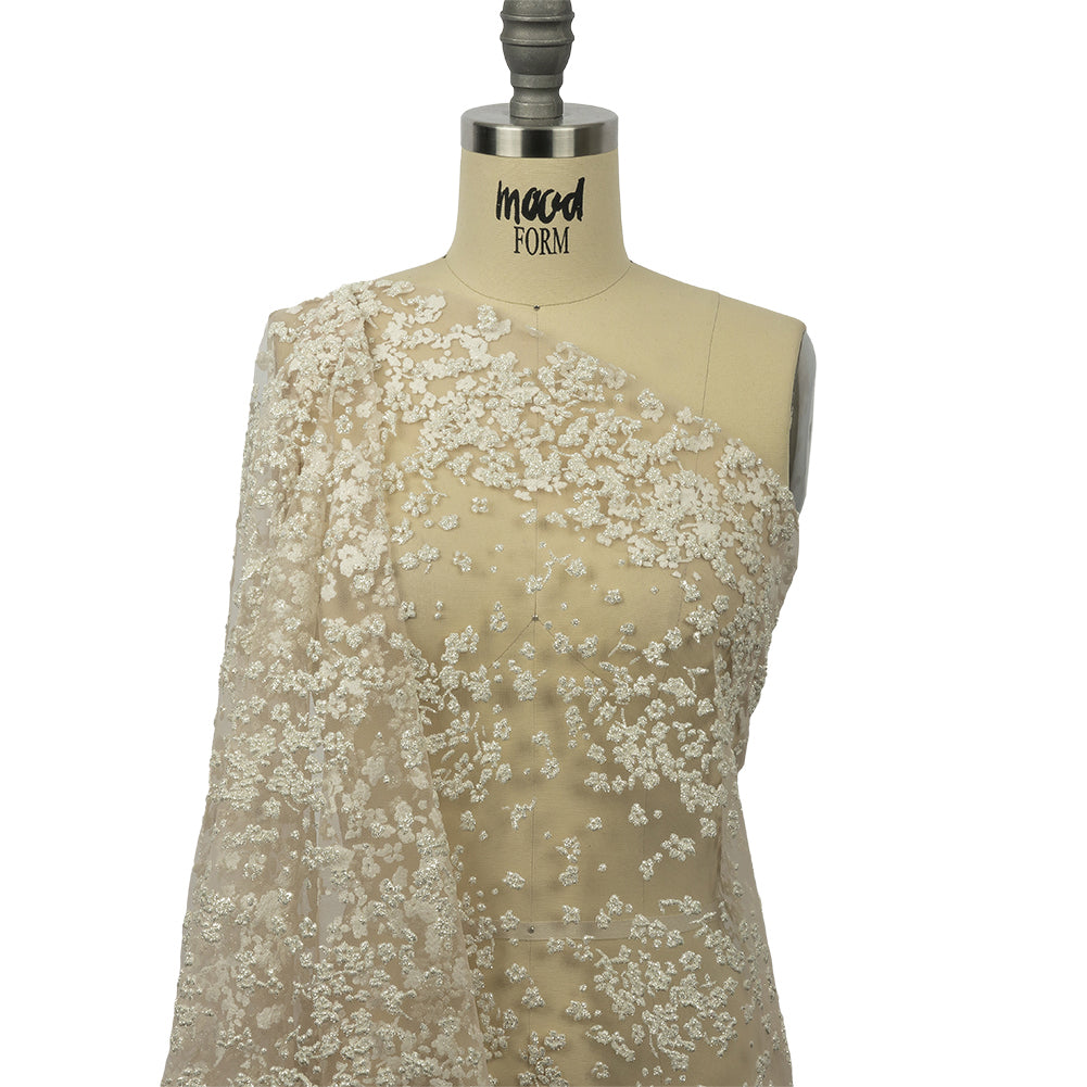 3D Puffy Glitter Tulle - Champagne and White Floral 3D Puffy Glitter Tulle - Champagne and White Floral
