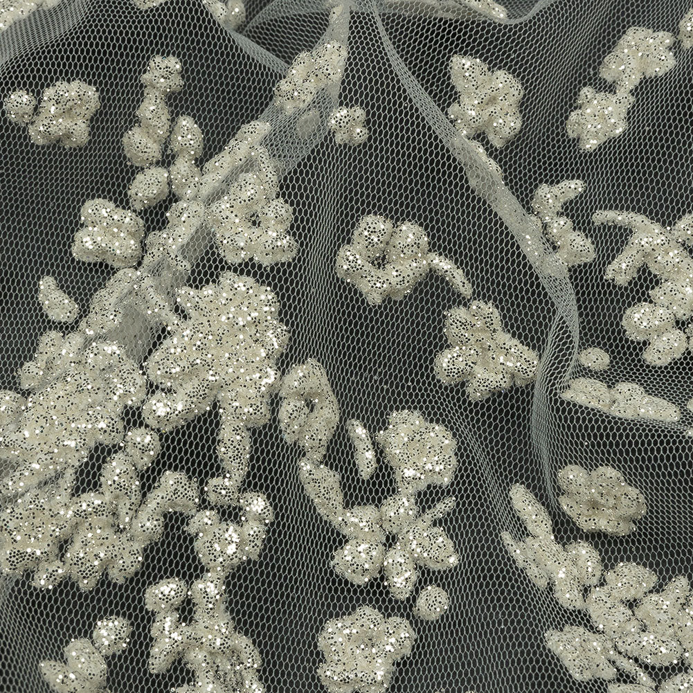 3D Puffy Glitter Tulle - White Floral 3D Puffy Glitter Tulle - White Floral