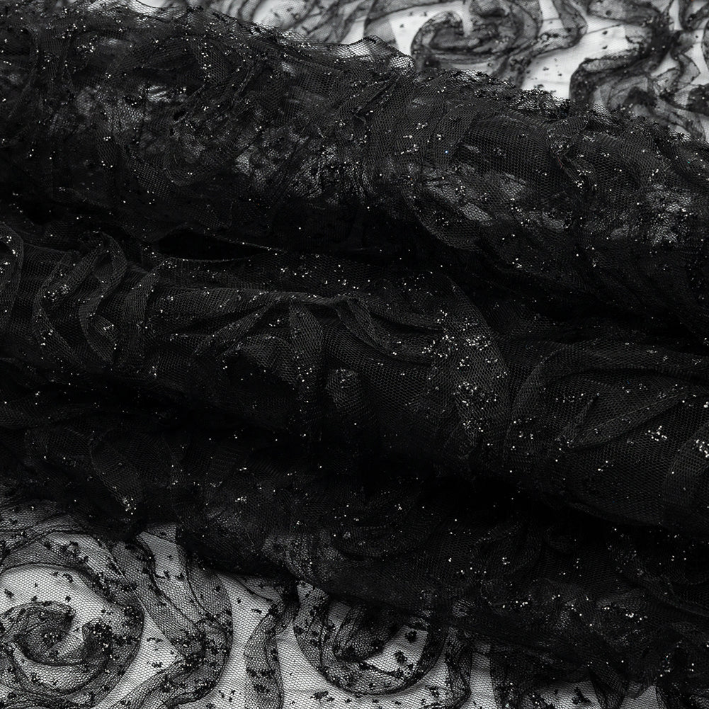 3D Fabric Roses Glitter Tulle - Black 3D Fabric Roses Glitter Tulle - Black
