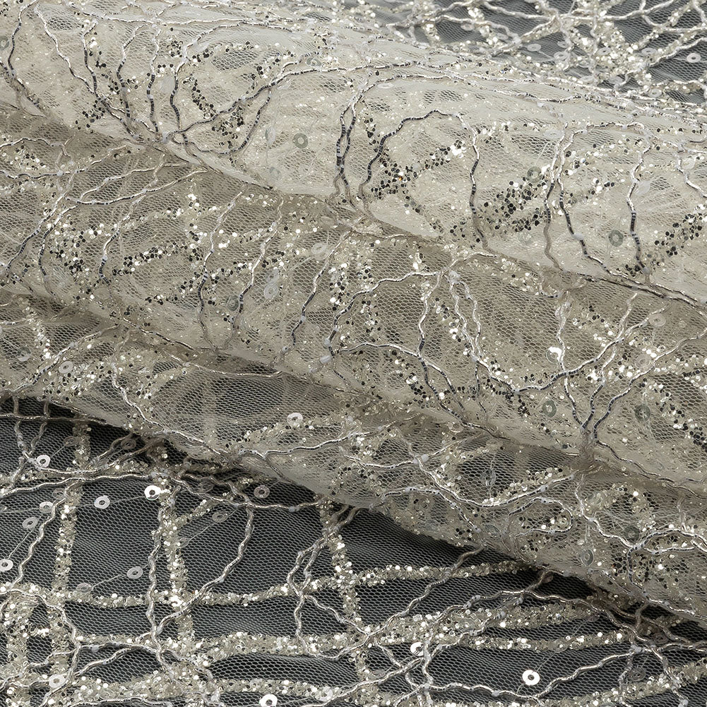 Corded Glitter Tulle with Sequins - White and Metallic Silver Abstract Corded Glitter Tulle with Sequins - White and Metallic Silver Abstract