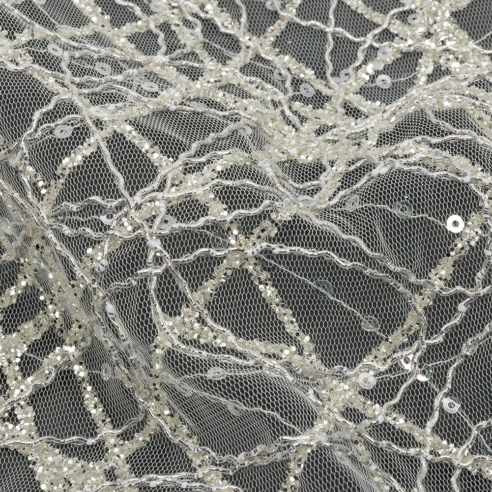 Corded Glitter Tulle with Sequins - White and Metallic Silver Abstract Corded Glitter Tulle with Sequins - White and Metallic Silver Abstract