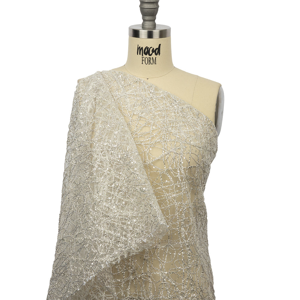 Corded Glitter Tulle with Sequins - White and Metallic Silver Abstract Corded Glitter Tulle with Sequins - White and Metallic Silver Abstract