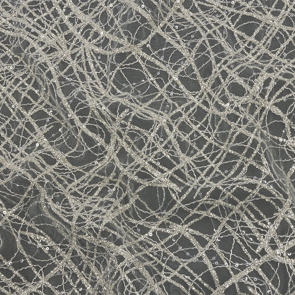 Corded Glitter Tulle with Sequins - White and Metallic Silver Abstract Corded Glitter Tulle with Sequins - White and Metallic Silver Abstract