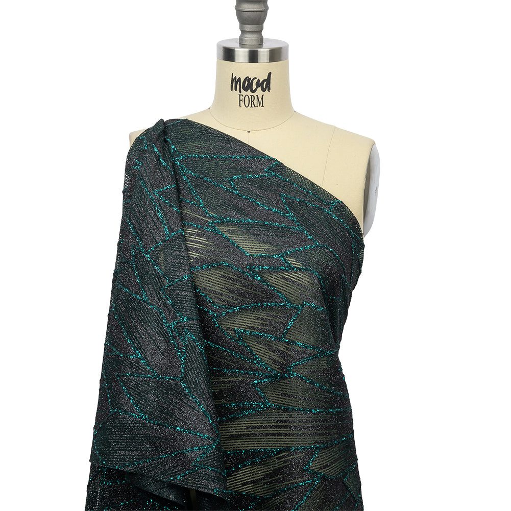 Glitter Tulle - Black and Deep Emerald Geometric Shards Glitter Tulle - Black and Deep Emerald Geometric Shards
