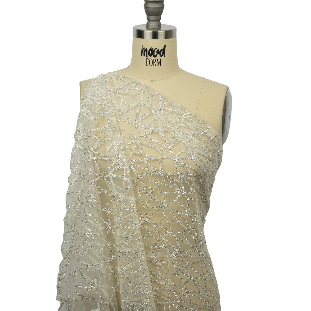 Glitter Tulle - White and Silver Linear Geometry - Drape Glitter Tulle - White and Silver Linear Geometry - Drape