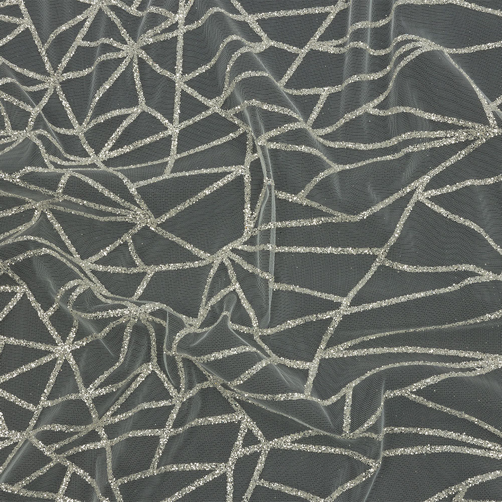 Glitter Tulle - White and Silver Linear Geometry Glitter Tulle - White and Silver Linear Geometry