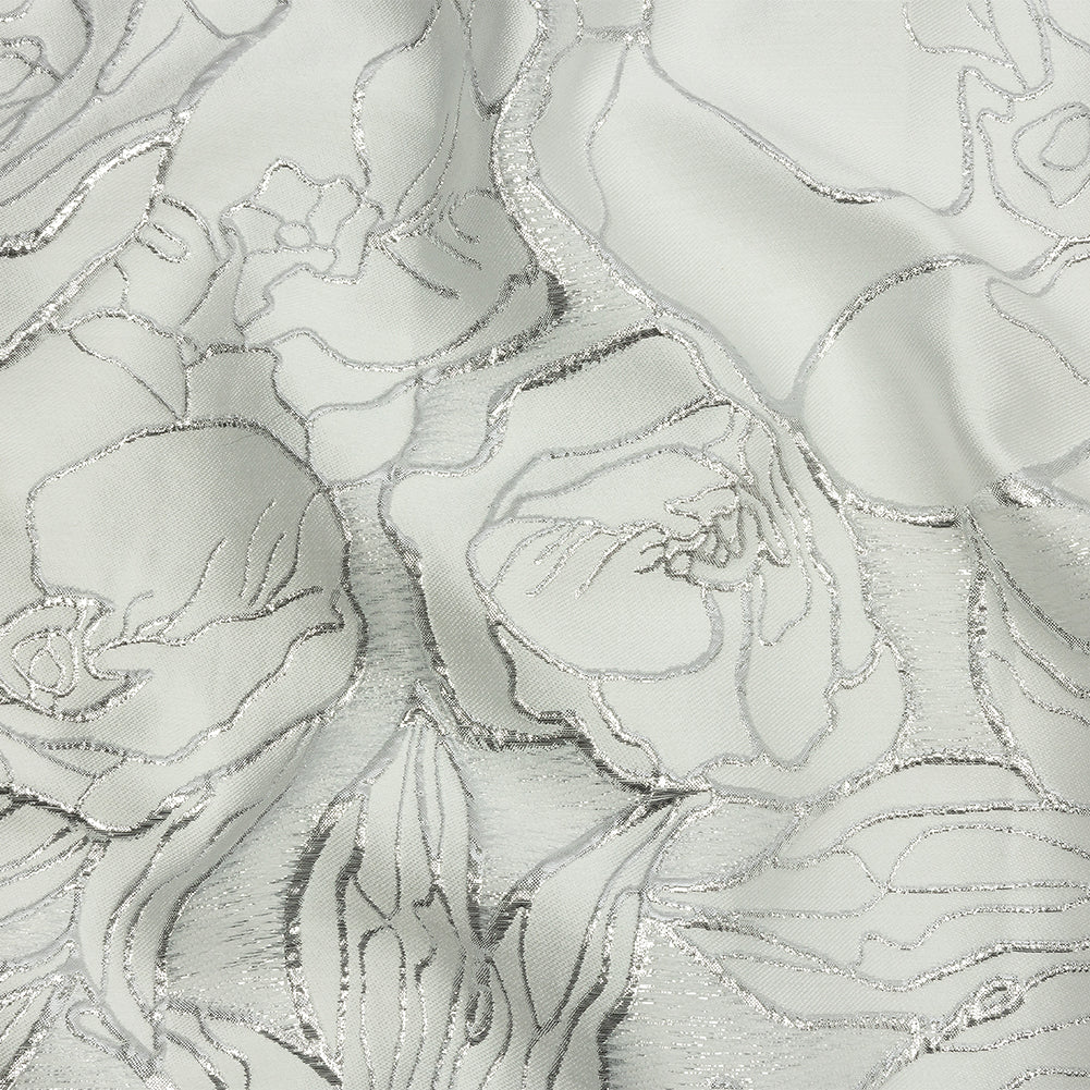 Metallic Silver and White Outlined Florals Luxury Brocade Metallic Silver and White Outlined Florals Luxury Brocade