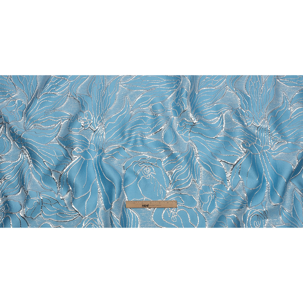 Metallic Silver and Baby Blue Outlined Florals Luxury Brocade - Full Metallic Silver and Baby Blue Outlined Florals Luxury Brocade - Full