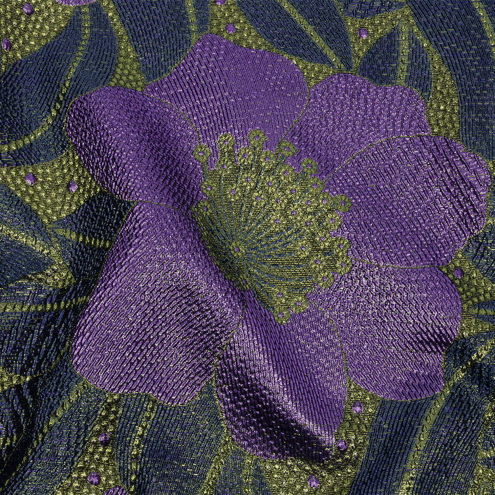 Metallic Navy, Lime and Lavender Tropical Flowers Luxury Brocade Metallic Navy, Lime and Lavender Tropical Flowers Luxury Brocade