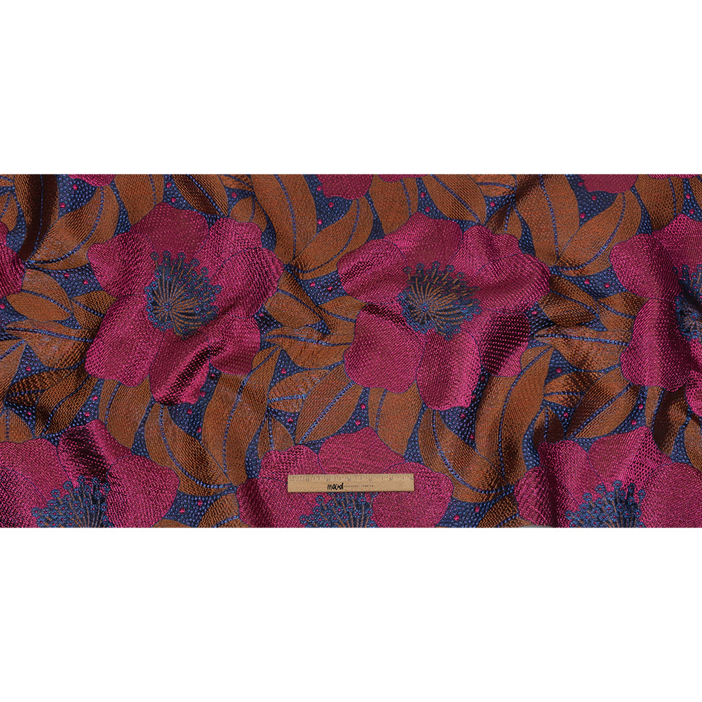 Metallic Magenta, Burnt Orange and Blue Tropical Flowers Luxury Brocade Metallic Magenta, Burnt Orange and Blue Tropical Flowers Luxury Brocade