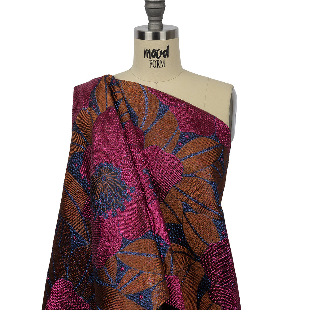 Metallic Magenta, Burnt Orange and Blue Tropical Flowers Luxury Brocade Metallic Magenta, Burnt Orange and Blue Tropical Flowers Luxury Brocade