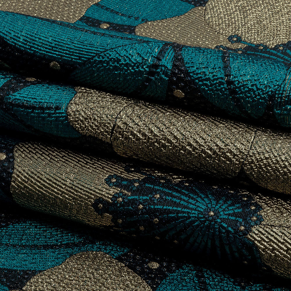 Metallic Gold, Teal and Navy Tropical Flowers Luxury Brocade Metallic Gold, Teal and Navy Tropical Flowers Luxury Brocade