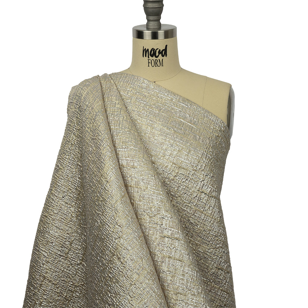 Metallic Silver, Harvest Gold and Beige Crosshatched Lines Luxury Brocade Drape Metallic Silver, Harvest Gold and Beige Crosshatched Lines Luxury Brocade Drape