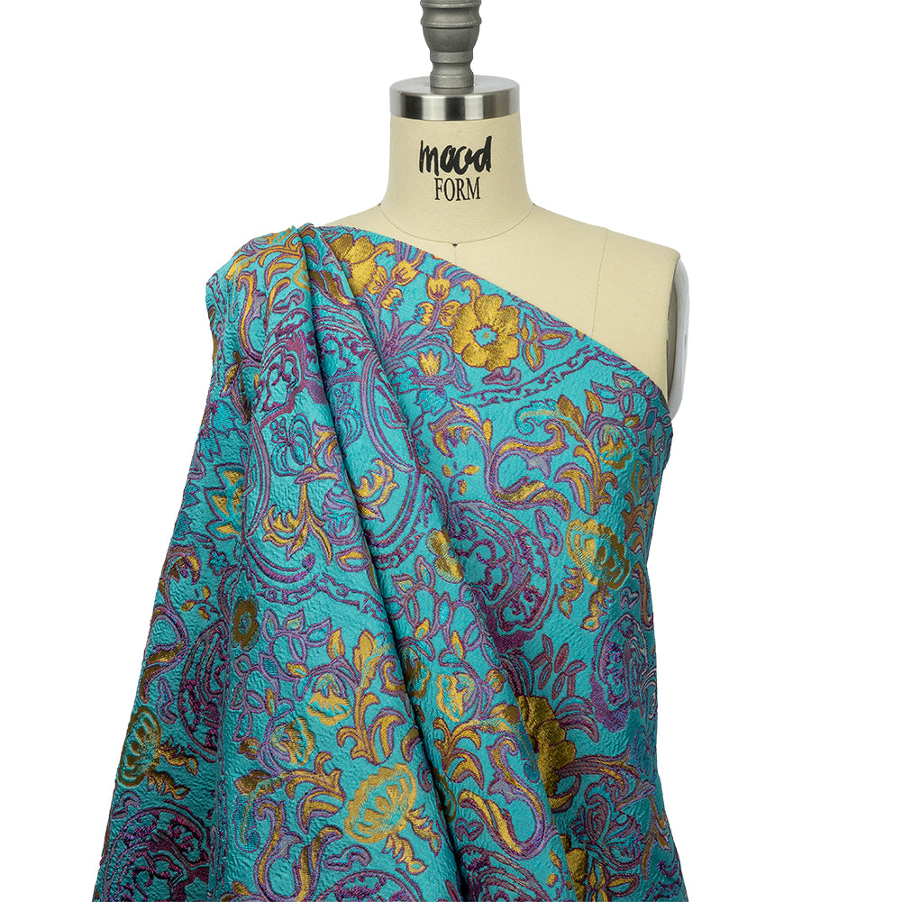 Turquoise, Magenta and Golden Yellow Floral Damask Metallic Luxury Brocade - Drape Turquoise, Magenta and Golden Yellow Floral Damask Metallic Luxury Brocade - Drape