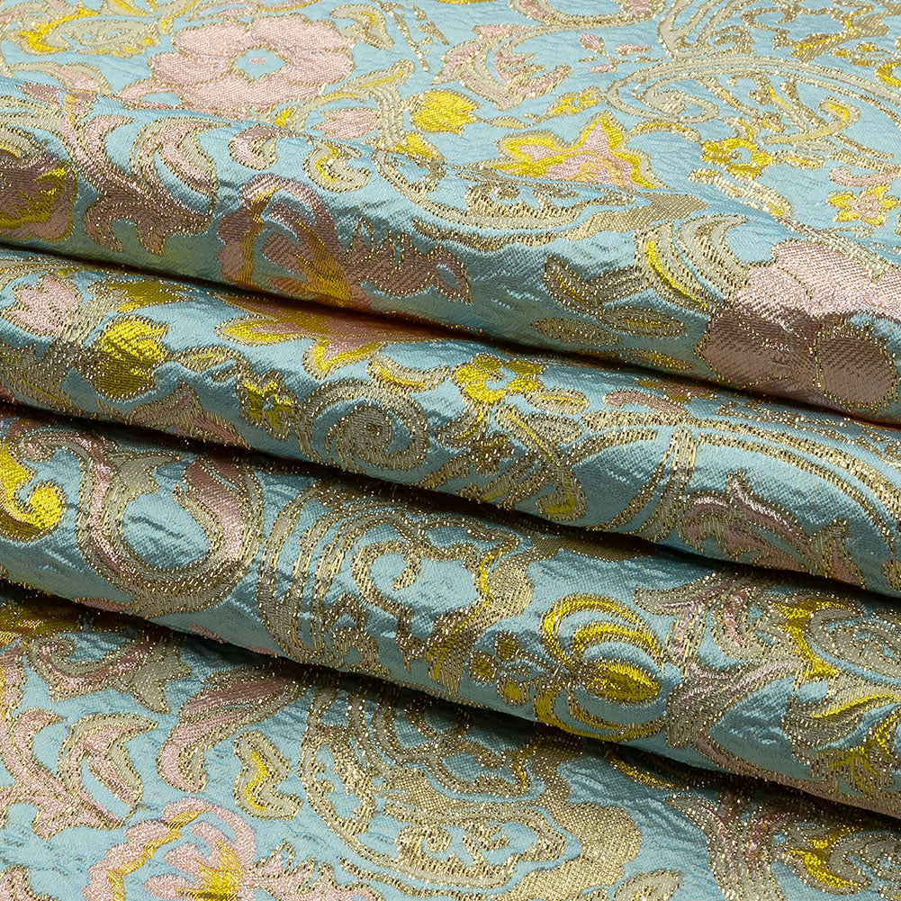Baby Blue, Light Pink and Yellow Floral Damask Metallic Luxury Brocade Baby Blue, Light Pink and Yellow Floral Damask Metallic Luxury Brocade
