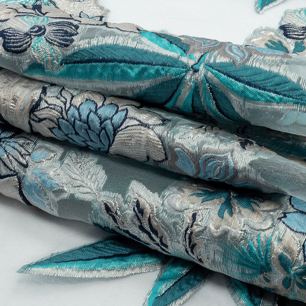 Metallic Silver, Blue and Beige Floral Luxury Burnout Brocade Metallic Silver, Blue and Beige Floral Luxury Burnout Brocade