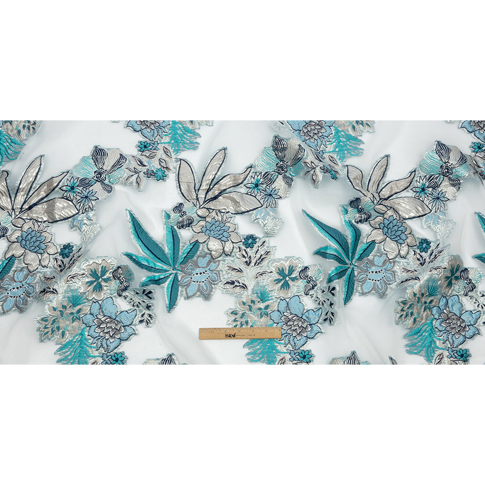 Metallic Silver, Blue and Beige Floral Luxury Burnout Brocade Metallic Silver, Blue and Beige Floral Luxury Burnout Brocade