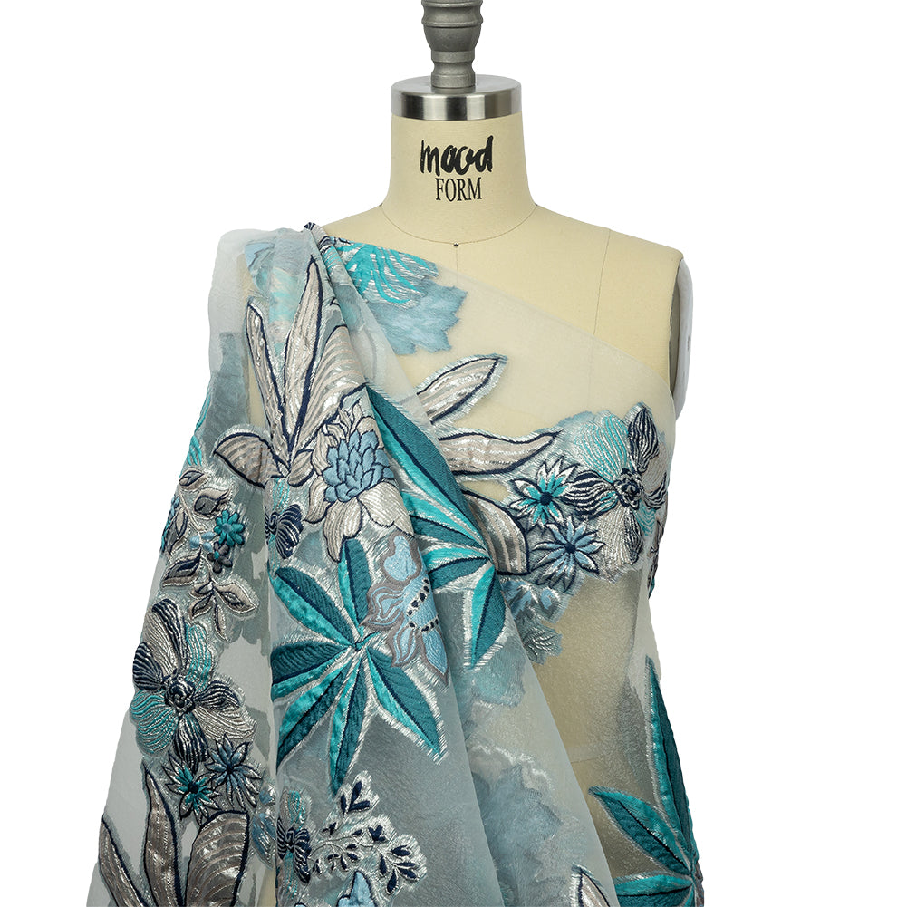 Metallic Silver, Blue and Beige Floral Luxury Burnout Brocade Metallic Silver, Blue and Beige Floral Luxury Burnout Brocade