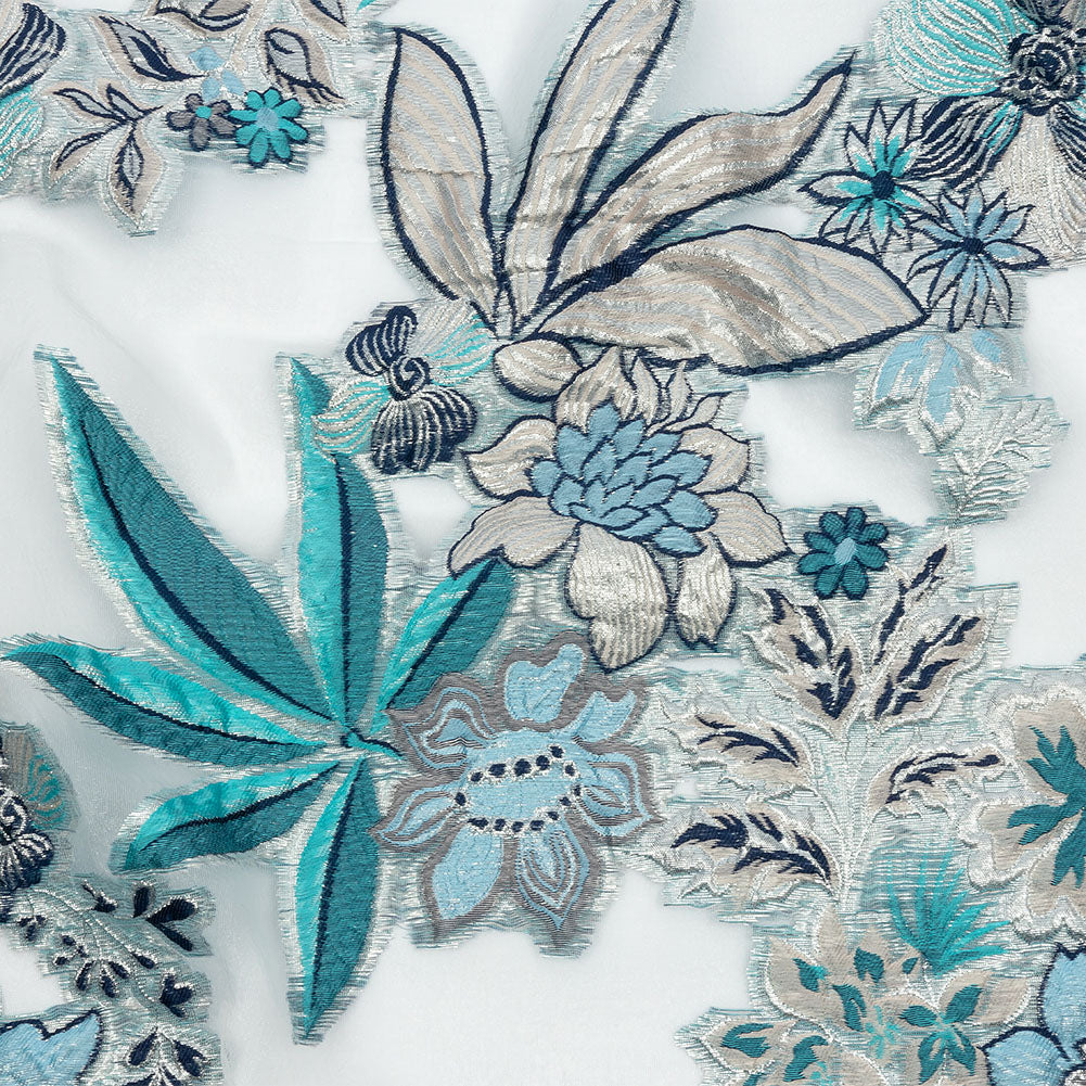 Metallic Silver, Blue and Beige Floral Luxury Burnout Brocade Metallic Silver, Blue and Beige Floral Luxury Burnout Brocade