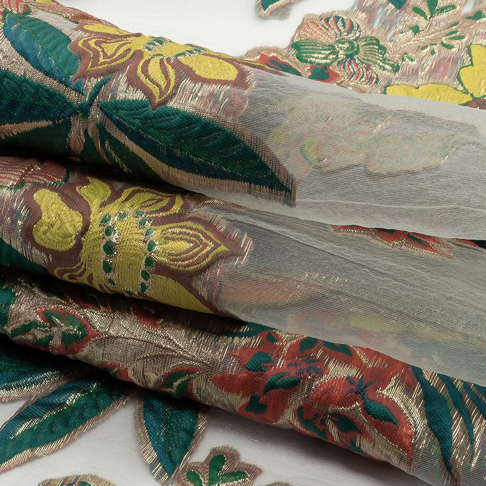 Metallic Forest, Coral and Lemon Floral Luxury Burnout Brocade - Folded Metallic Forest, Coral and Lemon Floral Luxury Burnout Brocade - Folded