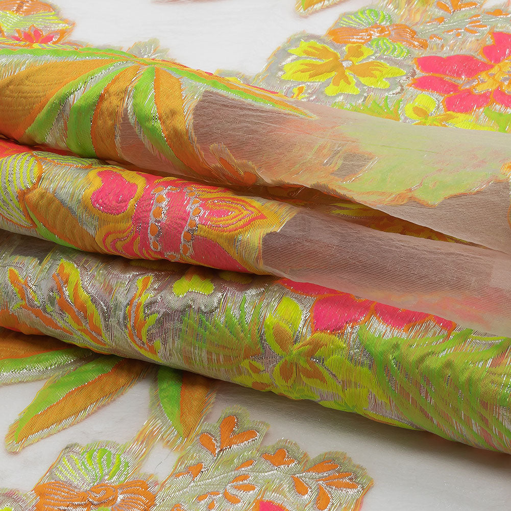 Metallic Neon Pink, Orange and Lime Floral Luxury Burnout Brocade - Folded Metallic Neon Pink, Orange and Lime Floral Luxury Burnout Brocade - Folded