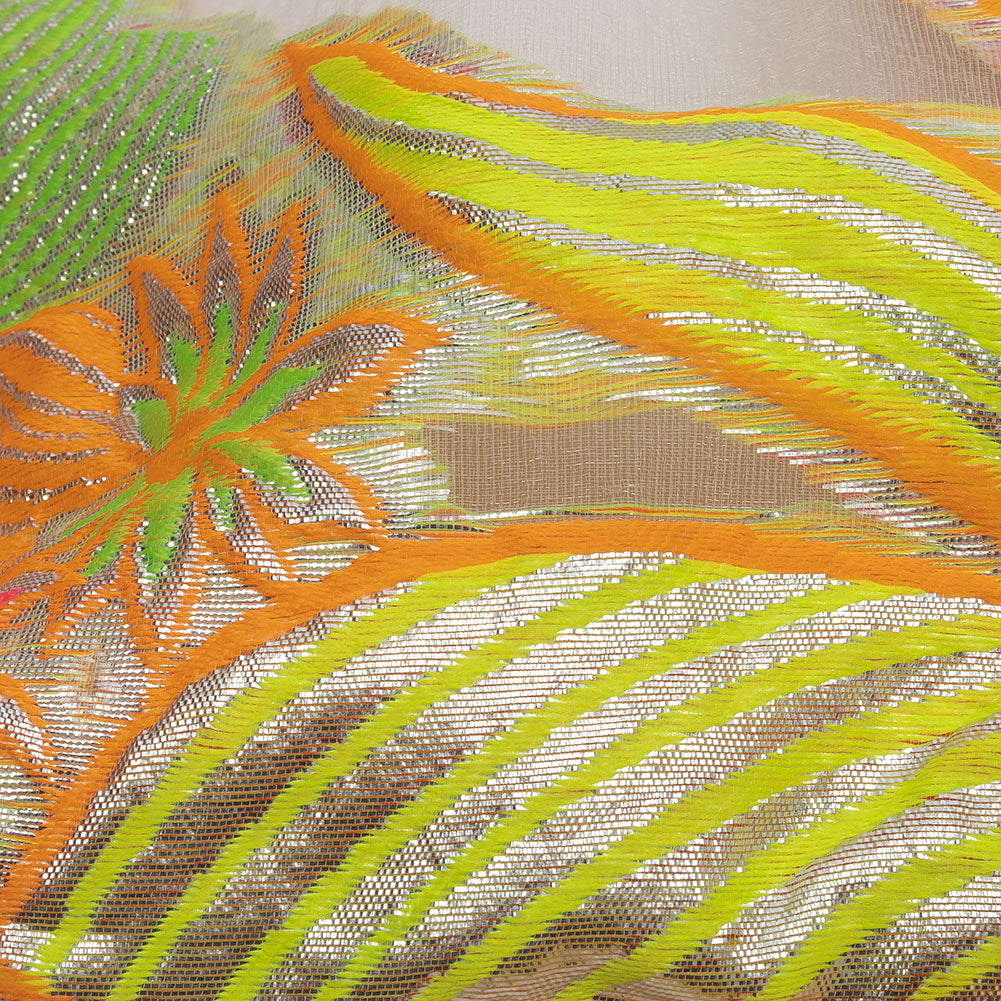 Metallic Neon Pink, Orange and Lime Floral Luxury Burnout Brocade - Detail Metallic Neon Pink, Orange and Lime Floral Luxury Burnout Brocade - Detail