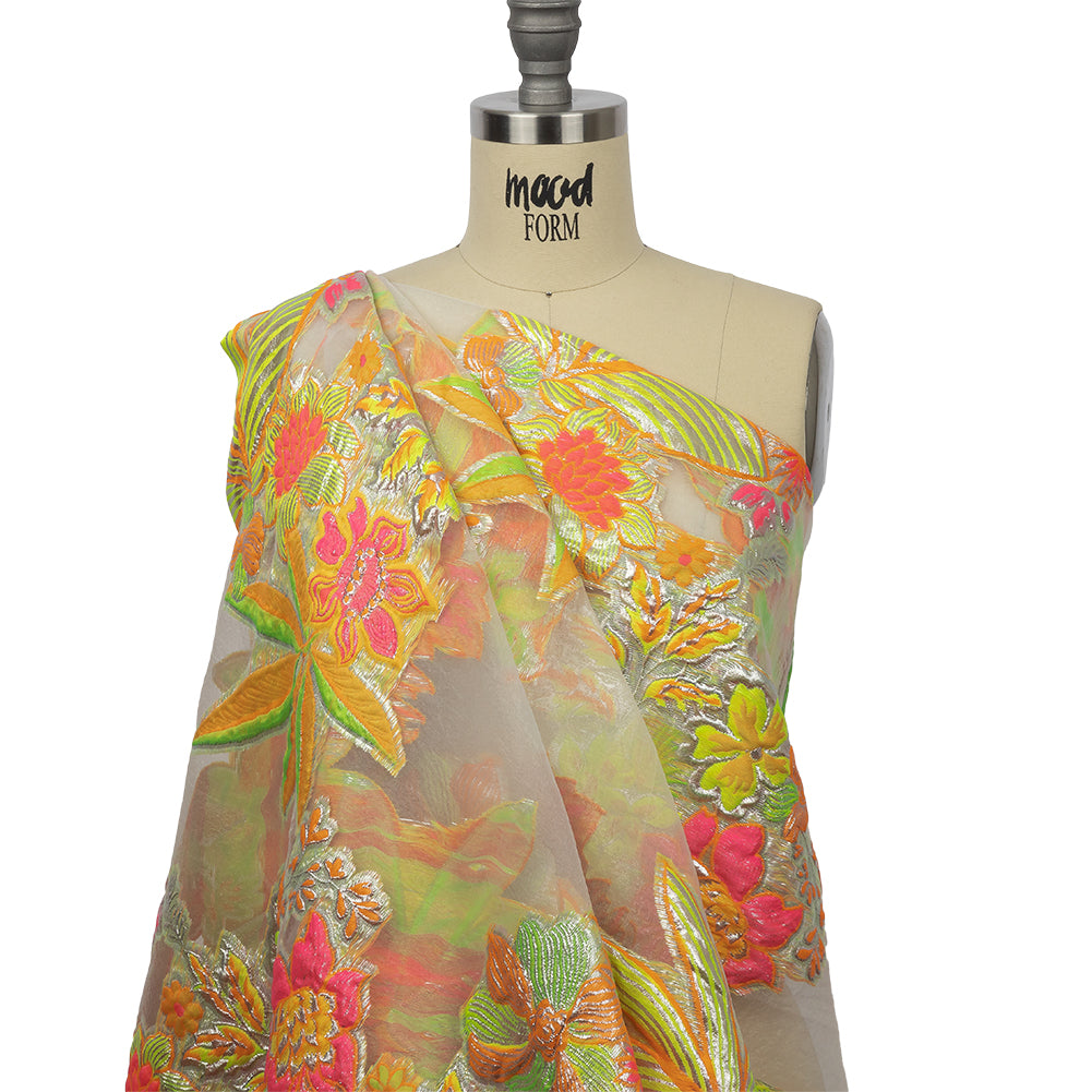 Metallic Neon Pink, Orange and Lime Floral Luxury Burnout Brocade - Drape Metallic Neon Pink, Orange and Lime Floral Luxury Burnout Brocade - Drape