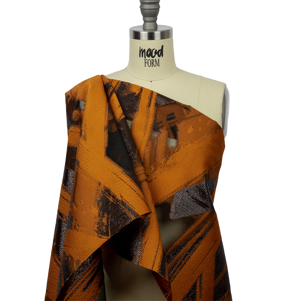 Metallic Black and Orange Painterly Geometrics Luxury Burnout Brocade - Drape Metallic Black and Orange Painterly Geometrics Luxury Burnout Brocade - Drape