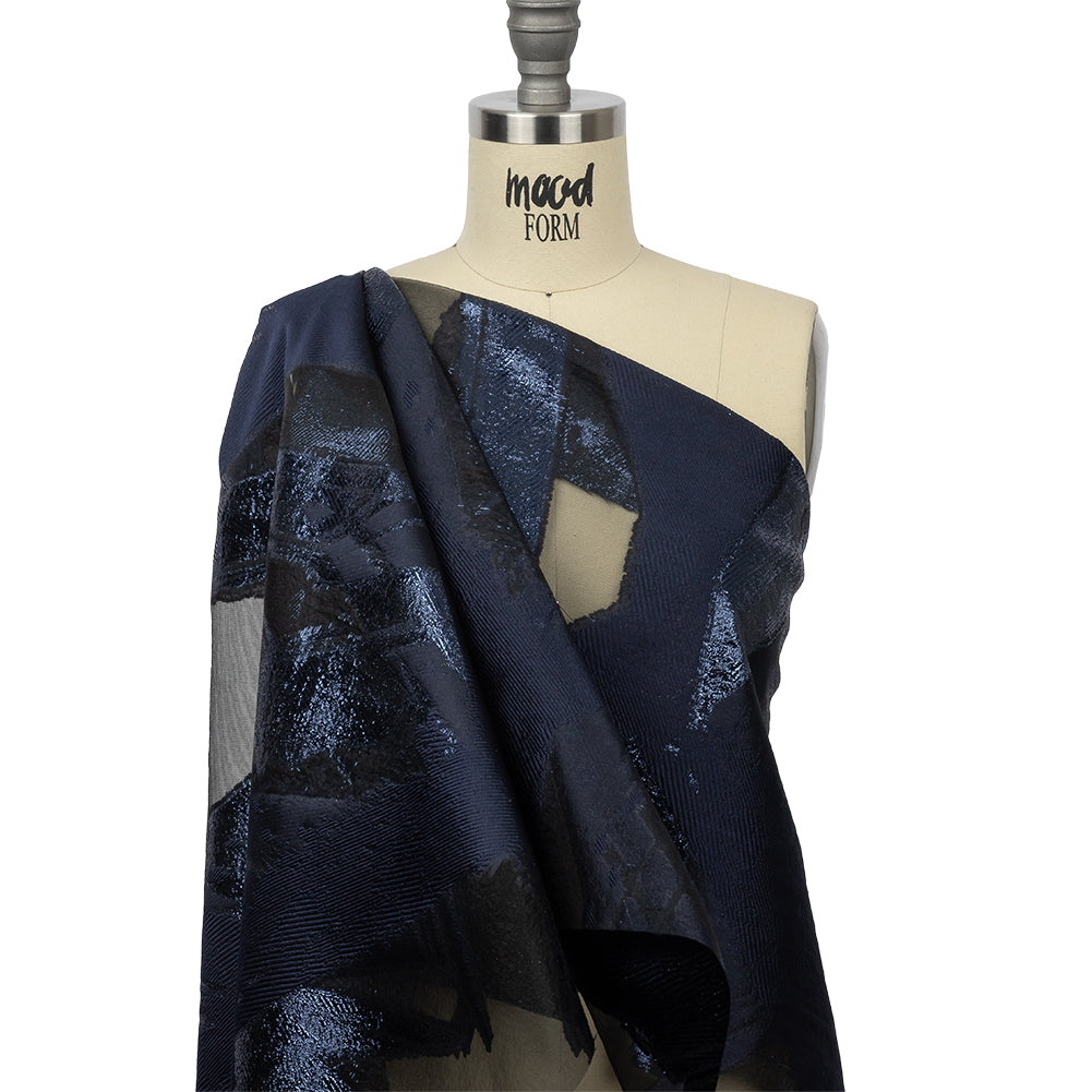 Metallic Navy Painterly Geometrics Luxury Burnout Brocade - Drape Metallic Navy Painterly Geometrics Luxury Burnout Brocade - Drape