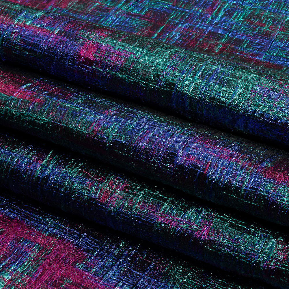 Metallic Teal, Royal and Magenta Distressed Plaid Luxury Brocade - Folded Metallic Teal, Royal and Magenta Distressed Plaid Luxury Brocade - Folded