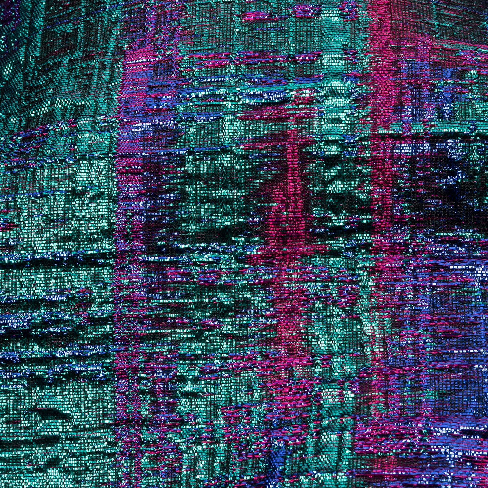 Metallic Teal, Royal and Magenta Distressed Plaid Luxury Brocade - Detail Metallic Teal, Royal and Magenta Distressed Plaid Luxury Brocade - Detail