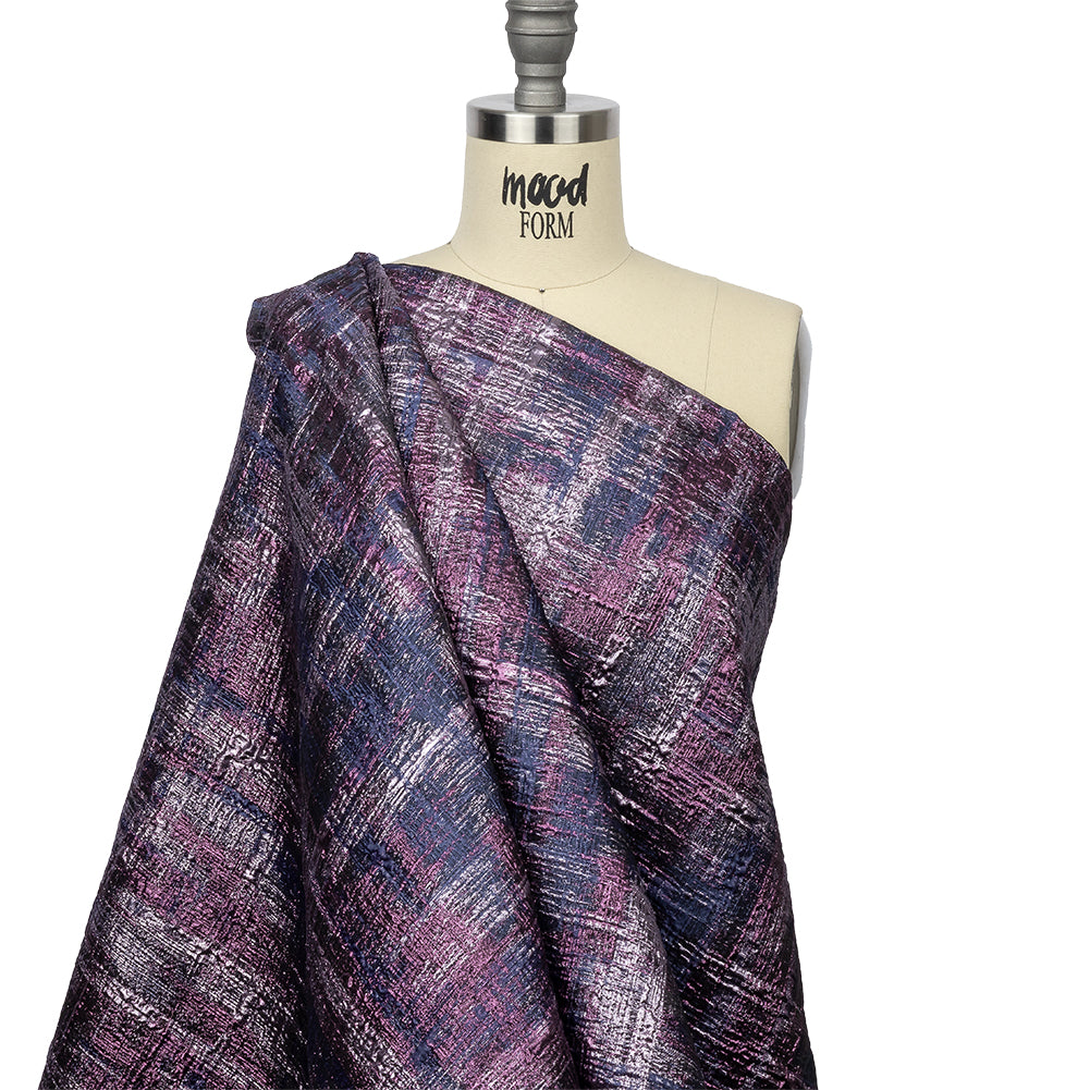 Metallic Orchid, Plum and Navy Distressed Plaid Luxury Brocade Metallic Orchid, Plum and Navy Distressed Plaid Luxury Brocade