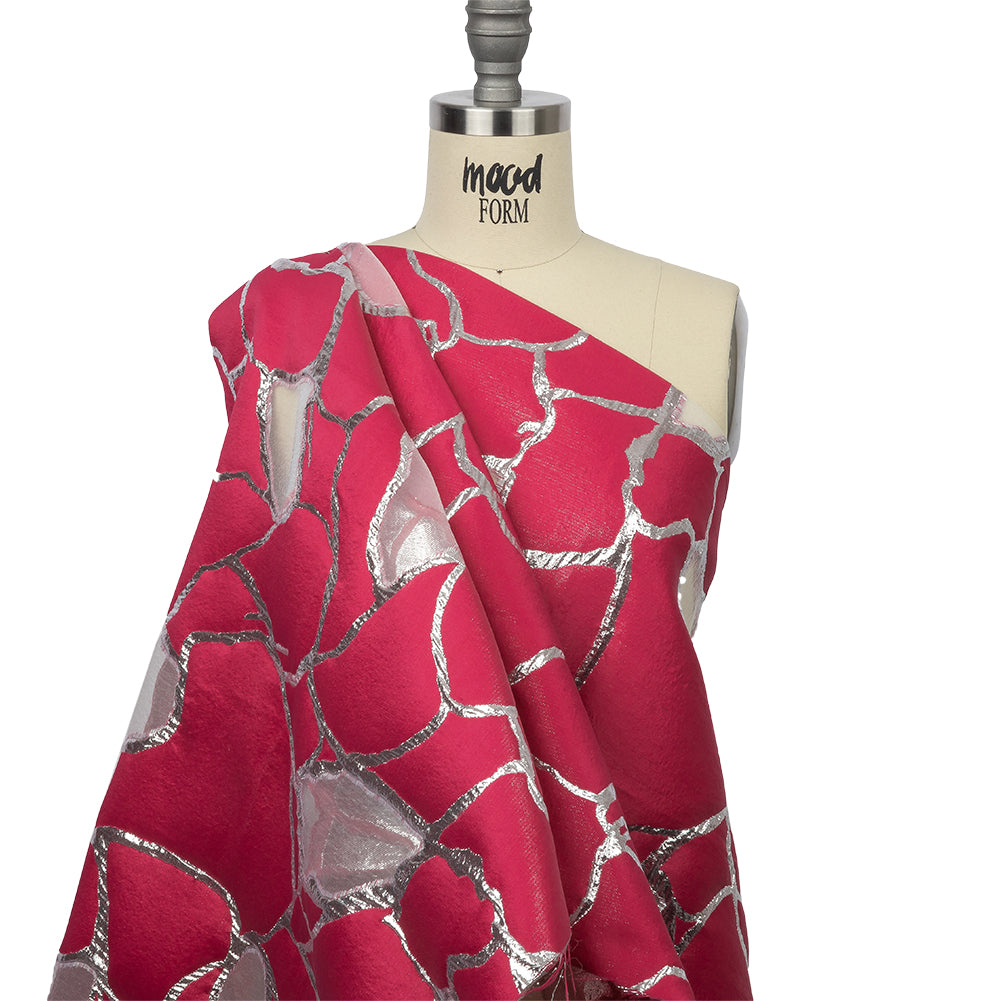 Metallic Silver and Hot Pink Abstract Luxury Burnout Brocade - Drape Metallic Silver and Hot Pink Abstract Luxury Burnout Brocade - Drape
