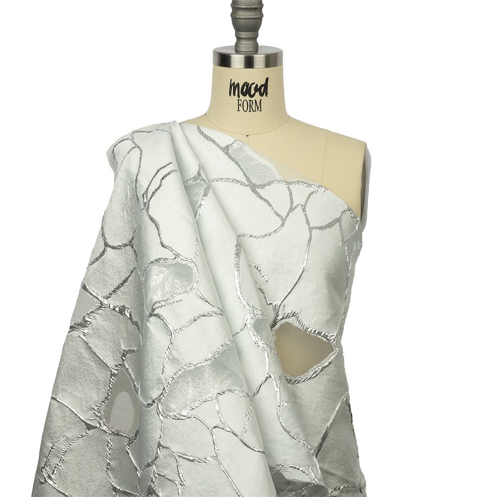 Metallic Silver and White Abstract Luxury Burnout Brocade - Drape Metallic Silver and White Abstract Luxury Burnout Brocade - Drape