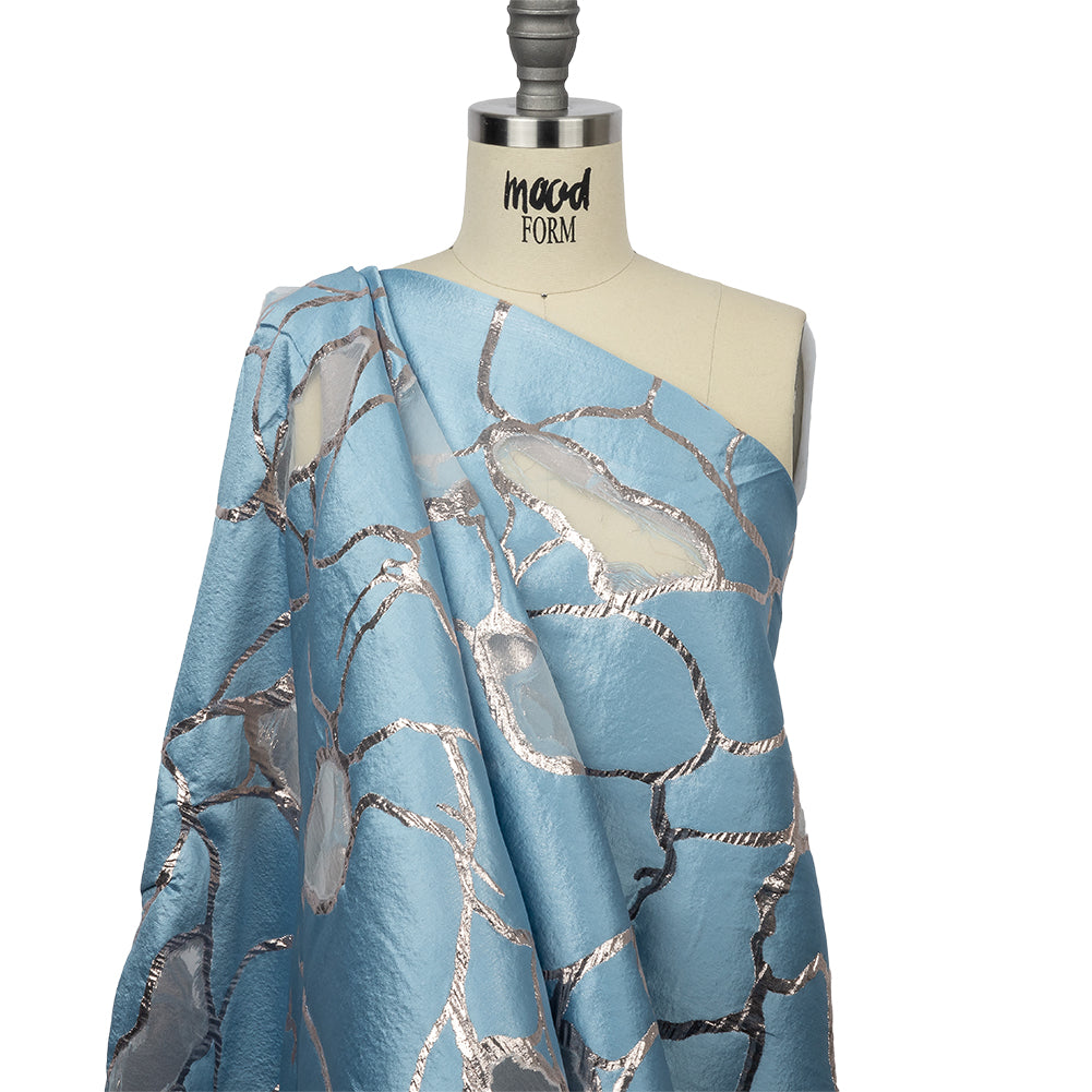 Metallic Silver and Sky Abstract Luxury Burnout Brocade - Drape Metallic Silver and Sky Abstract Luxury Burnout Brocade - Drape
