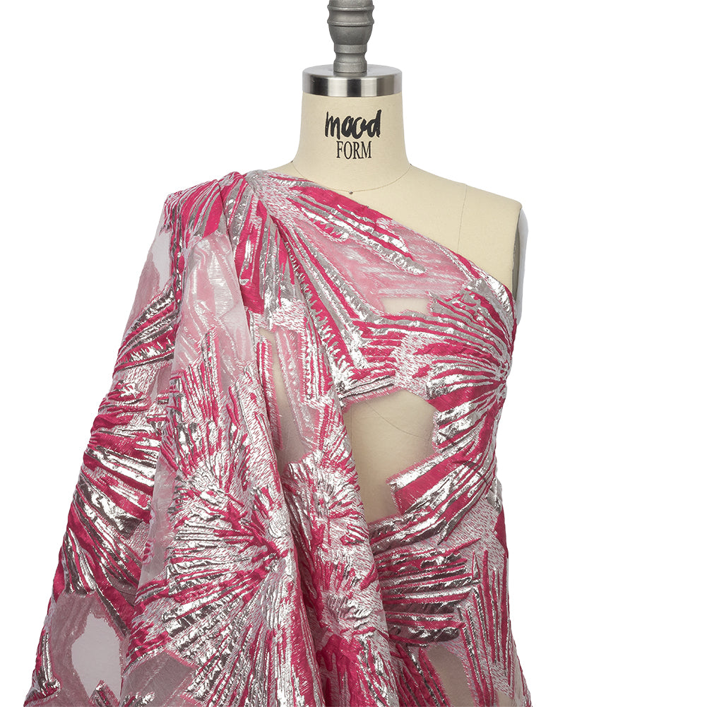 Metallic Silver and Hot Pink Firework Flowers Luxury Burnout Brocade Metallic Silver and Hot Pink Firework Flowers Luxury Burnout Brocade