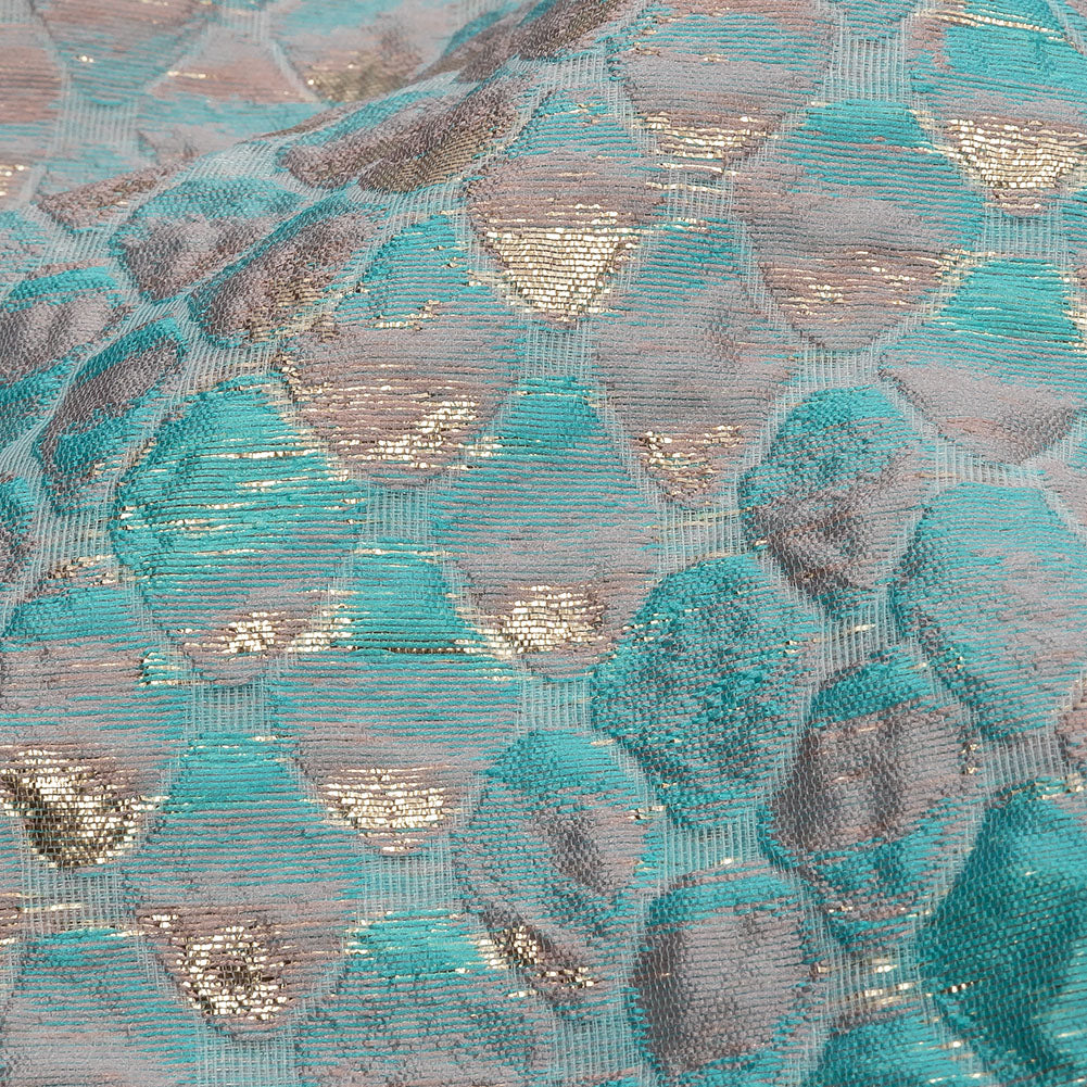 Metallic Pacific Blue and Flamingo Pink Abstracted Scales Luxury Brocade - Detail Metallic Pacific Blue and Flamingo Pink Abstracted Scales Luxury Brocade - Detail
