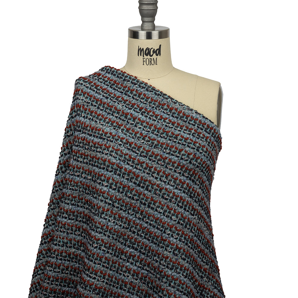 Burnt Orange, Gray, and Blue Boucle Stripes Chunky Wool Blend Sweater Knit Drape Burnt Orange, Gray, and Blue Boucle Stripes Chunky Wool Blend Sweater Knit Drape