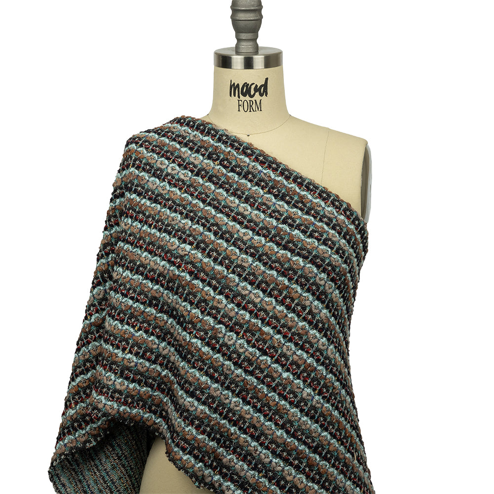 Tan, Baby Blue and Red Striped Chunky Boucle Sweater Knit Drape Tan, Baby Blue and Red Striped Chunky Boucle Sweater Knit Drape