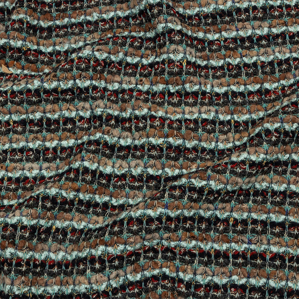 Tan, Baby Blue and Red Striped Chunky Boucle Sweater Knit Tan, Baby Blue and Red Striped Chunky Boucle Sweater Knit