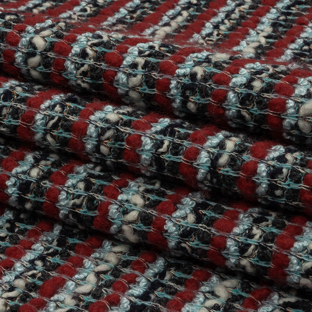 Red, Baby Blue and Charcoal Striped Chunky Wool Blend Boucle Sweater Knit Folded Red, Baby Blue and Charcoal Striped Chunky Wool Blend Boucle Sweater Knit Folded