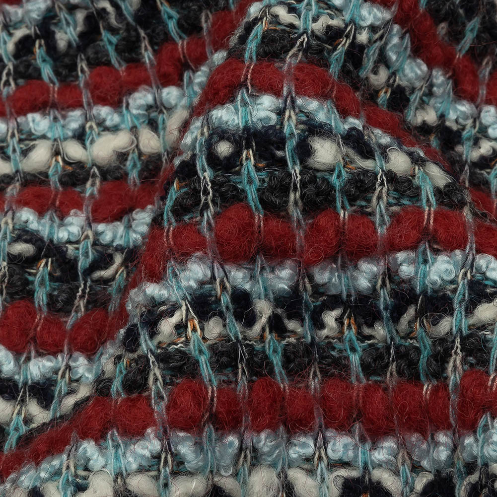 Red, Baby Blue and Charcoal Striped Chunky Wool Blend Boucle Sweater Knit Detail Red, Baby Blue and Charcoal Striped Chunky Wool Blend Boucle Sweater Knit Detail