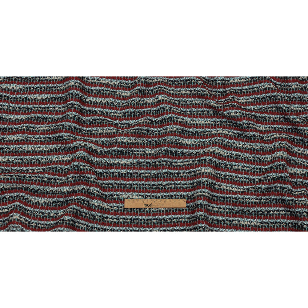 Red, Baby Blue and Charcoal Striped Chunky Wool Blend Boucle Sweater Knit Full Red, Baby Blue and Charcoal Striped Chunky Wool Blend Boucle Sweater Knit Full