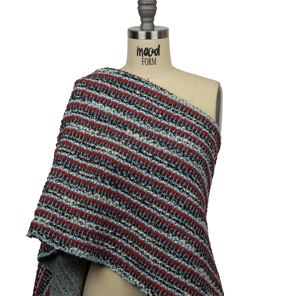 Red, Baby Blue and Charcoal Striped Chunky Wool Blend Boucle Sweater Knit Drape Red, Baby Blue and Charcoal Striped Chunky Wool Blend Boucle Sweater Knit Drape