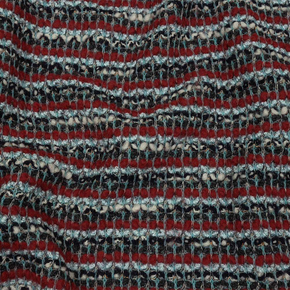 Red, Baby Blue and Charcoal Striped Chunky Wool Blend Boucle Sweater Knit Red, Baby Blue and Charcoal Striped Chunky Wool Blend Boucle Sweater Knit