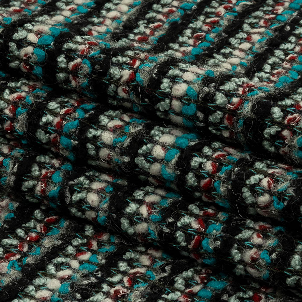 Turquoise, Charcoal and Red Boucle Stripes Chunky Wool Blend Sweater Knit Folded Turquoise, Charcoal and Red Boucle Stripes Chunky Wool Blend Sweater Knit Folded