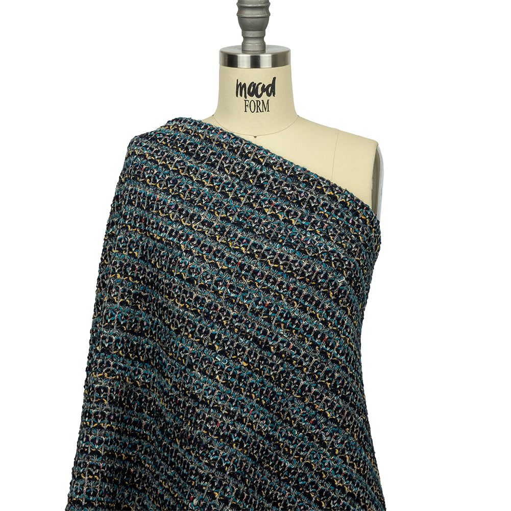 Teal, Yellow and Navy Boucle Stripes Chunky Wool Blend Sweater Knit Drape Teal, Yellow and Navy Boucle Stripes Chunky Wool Blend Sweater Knit Drape