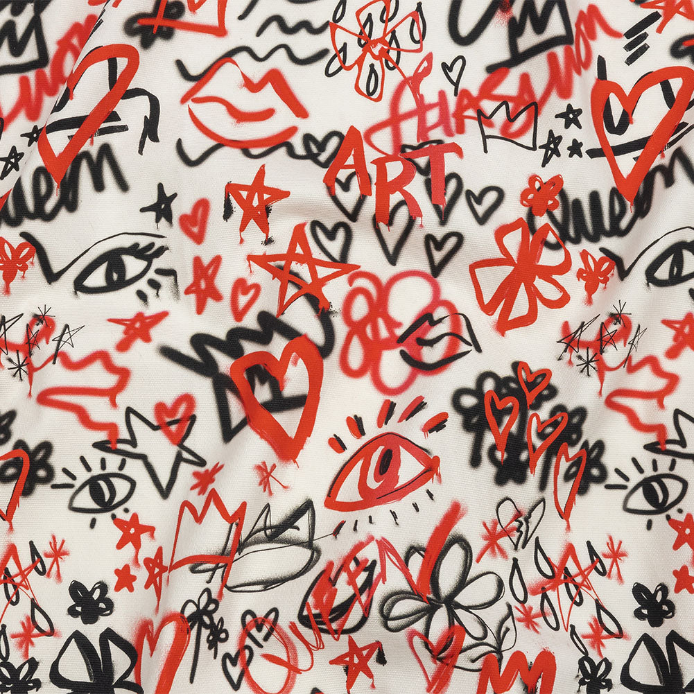 Stretch Cotton Canvas - Red and Black Graffiti Doodles - Spontaneous Collaboration Print - Mood Exclusive Metro Collection Stretch Cotton Canvas - Red and Black Graffiti Doodles - Spontaneous Collaboration Print - Mood Exclusive Metro Collection