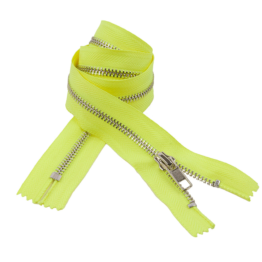 Neon Yellow and Silver T5 Closed End Metal Zipper - 36" Neon Yellow and Silver T5 Closed End Metal Zipper - 36"